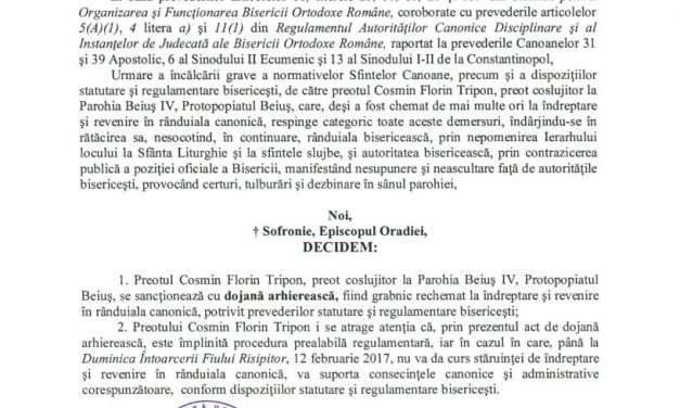 Sancţionat pentru mărturisire, Părintele Cosmin Tripon răspunde: “Dojana este lipsită de temei canonic, nepomenirea continuă”