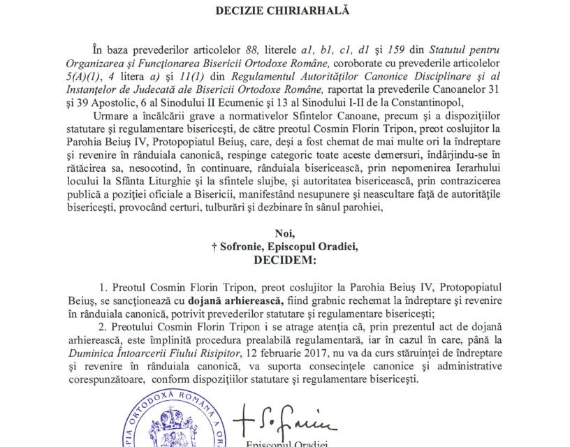 Sancţionat pentru mărturisire, Părintele Cosmin Tripon răspunde: “Dojana este lipsită de temei canonic, nepomenirea continuă”