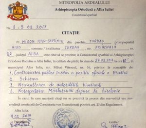 Părintele Ioan Miron din comuna Turdaș (județul Alba), dragul meu prieten, este chemat la judecată de ecumeniști