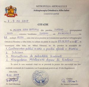Părintele Ioan Miron din comuna Turdaș (județul Alba), dragul meu prieten, este chemat la judecată de ecumeniști