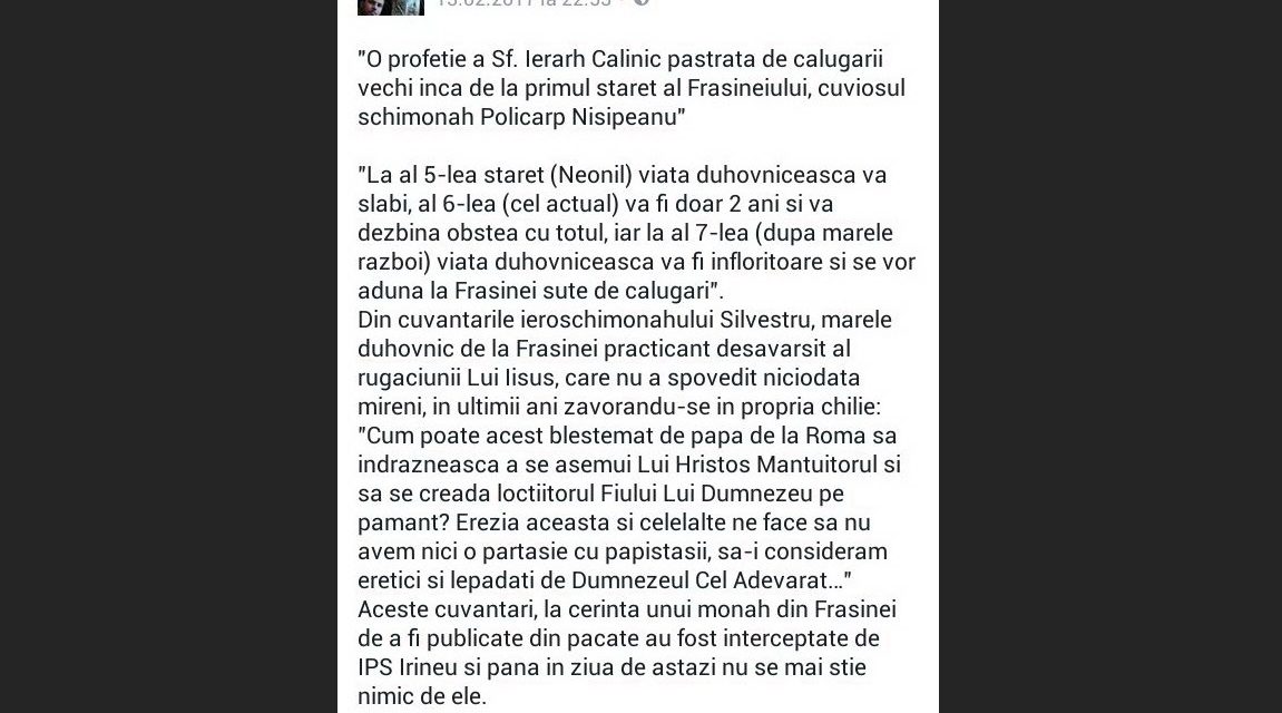 O profeţie a Sf. Ierarh Calinic