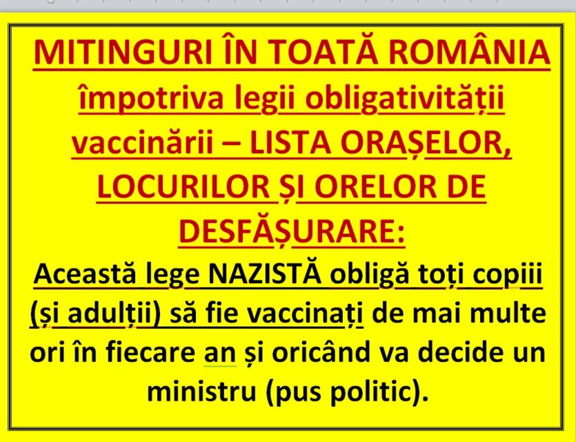 MITINGURI ÎN TOATĂ ROMÂNIA împotriva legii obligativității vaccinării – LISTA ORAȘELOR, LOCURILOR ȘI ORELOR DE DESFĂȘURARE: