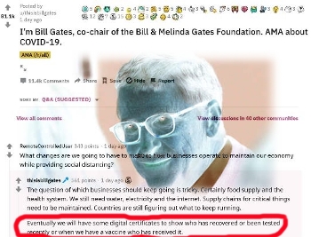 Postare Bill Gates pe Reddit 18-03-2020: „Când va apare vaccinul anti-coronavirus, vor exista certificate digitale pentru cei care s-au vaccinat”. Adică, tatuaje invizibile sub piele…