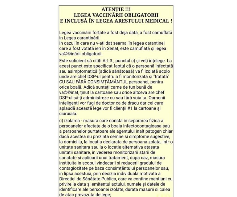 ATENȚIE !!! LEGEA VACCINĂRII OBLIGATORII E INCLUSĂ ÎN LEGEA ARESTULUI MEDICAL!!!