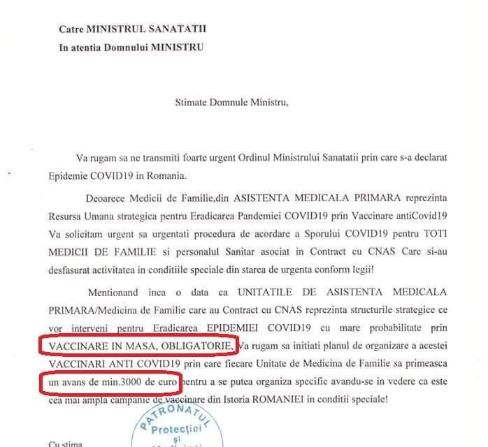 3.000 de euro pentru fiecare medic de familie, în vederea inițierii procedurii de pregătire și aplicare a VACCINĂRII OBLIGATORII?