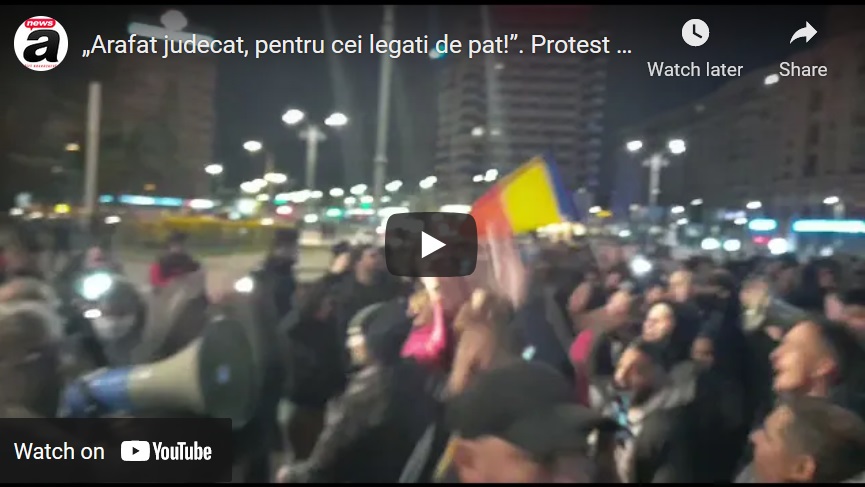 Proteste în București, Timișoara, Arad, Cluj, Alba, Sibiu, Brașov, Pitești, Ploiești, Brăila, Galați, Constanța, Focșani, Craiova. Se scandează JOS ARAFAT! LIBERTATE! JOS MASCA! Luni la 5 jumate, din nou la Universitate!