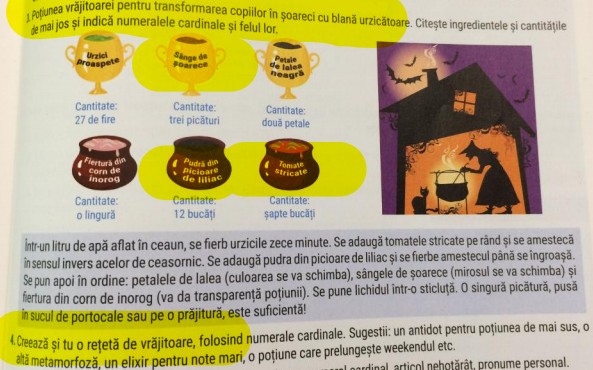UN MANUAL DE LIMBA ȘI LITERATURA ROMÂNĂ, DE CLASA A V-A, CONȚINE UN EXERCIȚIU ÎN CARE COPIILOR LE ESTE PREZENTATĂ O VRĂJITOARE CARE „TRANSFORMĂ COPIII ÎN ȘOARECI CU BLANĂ URZICĂTOARE”.