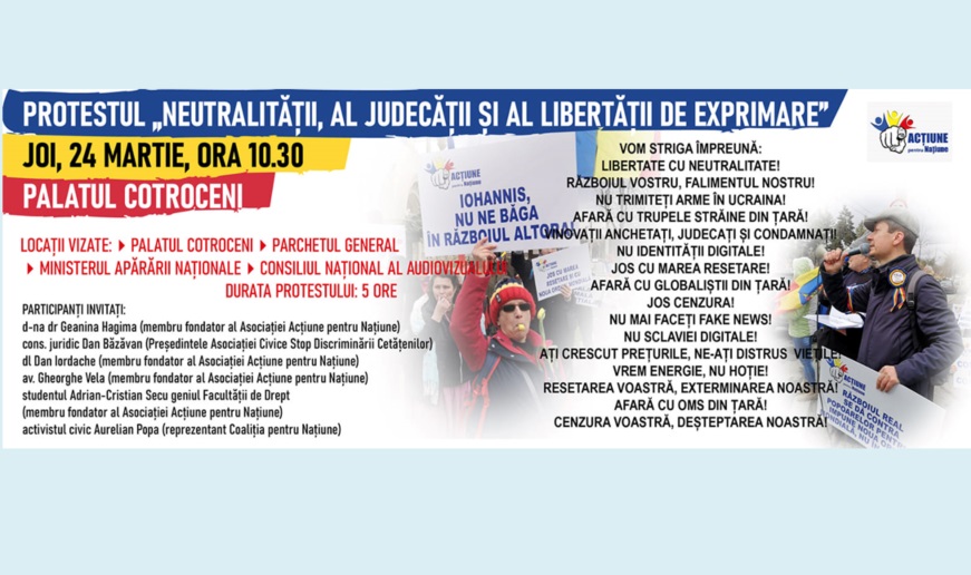 Joi,24 martie 2022 avem un protest esențial în fața Palatului Cotroceni de la ora 10.30 și dacă simțim românește, este nevoie să fim acolo !