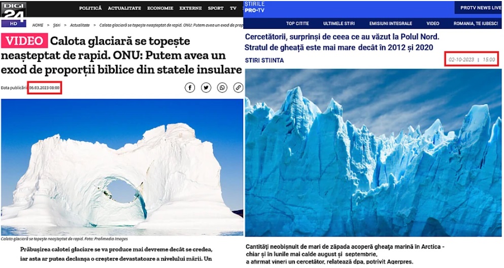 Când presa globalistă o ia razna: Calota glaciară care se topea ieri la Digi 24 azi e de două ori mai mare la ProTV. FOTO-CAPTURI