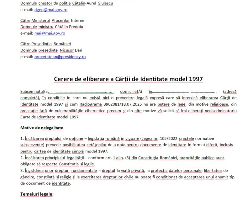 Cerere de eliberare a Cărții de Identitate model 1997